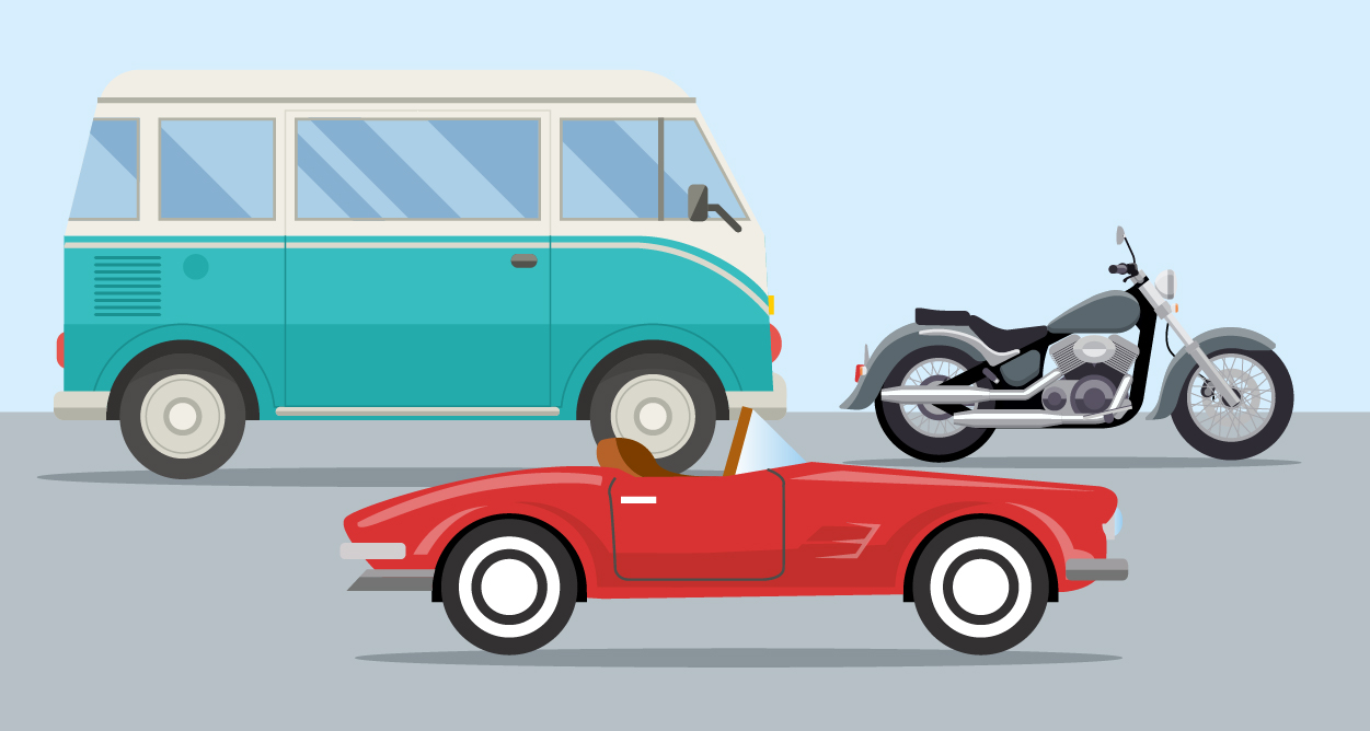 vintage car, bike and camper van