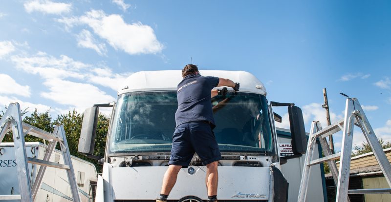 The Windscreen Company employee fixing a Dennis Eagle Truck windscreen
